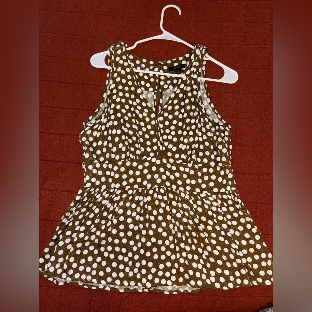 J. Crew Brown and White Polka Dot blouse/peplum top sleeveless